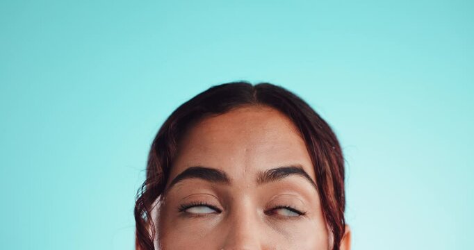 Eyes, thinking and space with woman in studio for choice, remember and brainstorming solution. Decision, mindset and idea with closeup of person on blue background mockup for problem solving