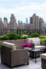 Fototapeta premium Stylish Rooftop Terrace with Flowers and City Skyline View