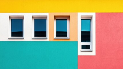 Colorful geometric wall with modern windows and vibrant design elements