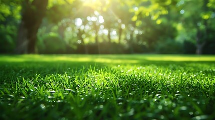 Naklejka premium Green grass background with bokeh defocused lights and sun rays