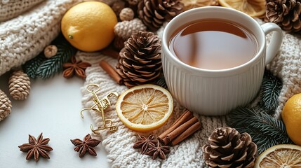 A white knitted sweater, a cup of tea with lemon, pine cones, dried lemon slices, cinnamon sticks, anise, golden binder clips, and glasses are arranged on a white background with copyspace.