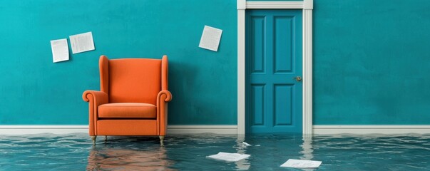 A vibrant orange chair stands in a flooded room with a turquoise wall and a blue door, papers floating nearby.