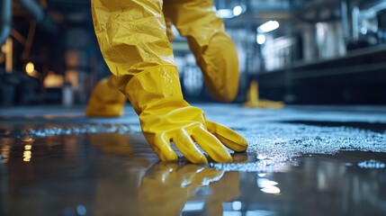 Worker in protective gear cleans up hazardous chemical spill, demonstrating crucial workplace safety procedures and hazard management protocols This image highlights the importance of emergency