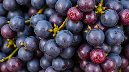 Closeup of ripe blue grapes with glistening water droplets, sweet, delicious, bunch