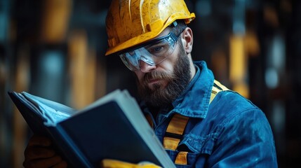 Worker wearing protective eyewear and holding a safety manual, showcasing commitment to maintaining safe working conditions in industrial settings This image emphasizes workplace safety protocols