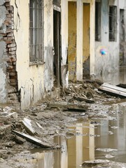 A flooded area showcasing damaged buildings, muddy ground, and debris, reflecting the aftermath of a natural disaster or severe weather event.