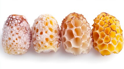 Detailed Close Up of Four Honeycomb Structures in Varying Stages of Color and Texture
