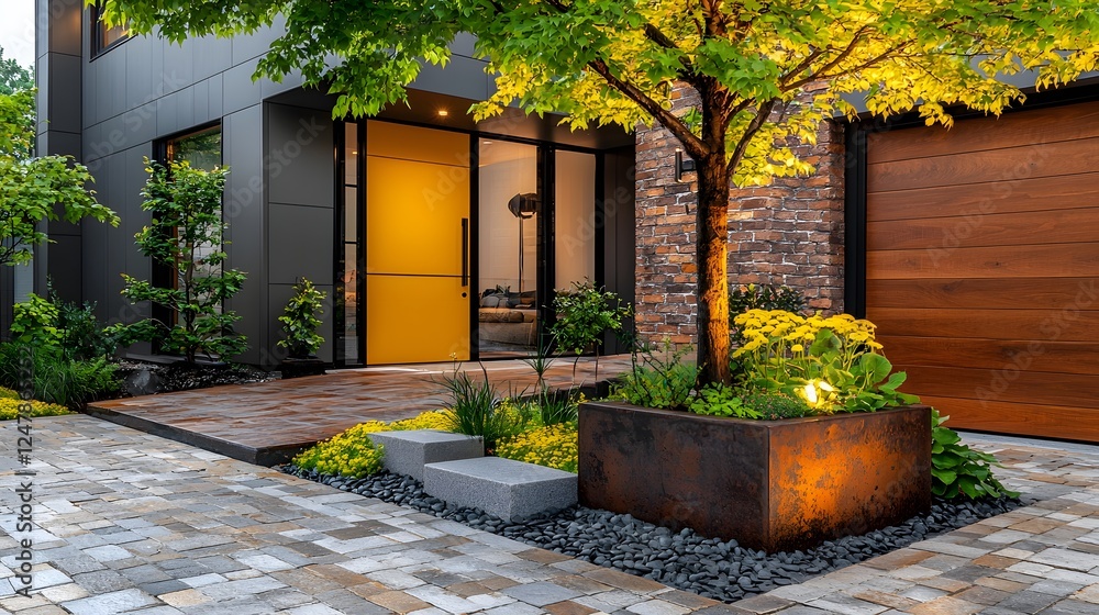 Poster A beautifully designed front garden featuring a sculptural tree in a square planter creating a perfectly balanced and inviting entrance to a modern home