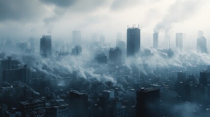 Smoggy city skyline with tall buildings and smoke. Illustrates pollution, dystopia, or environmental themes.