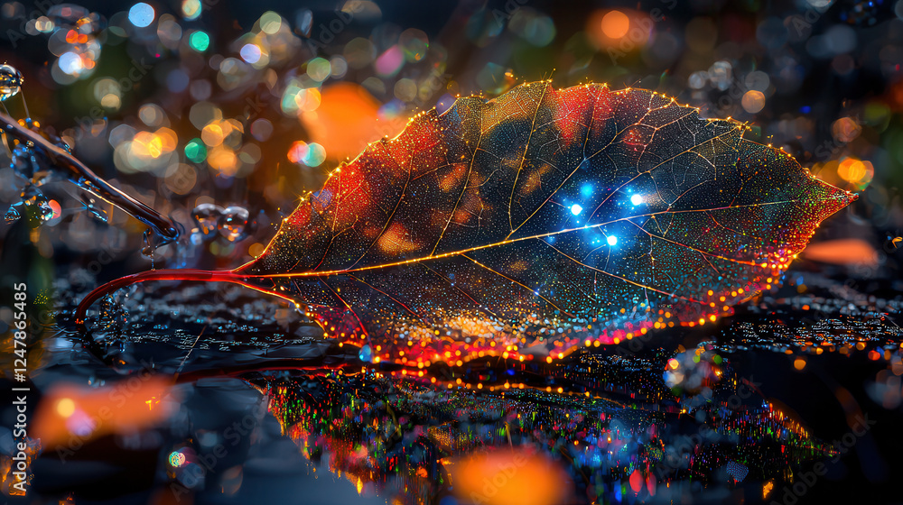 Poster high resolution macro shot of leaf with water droplets, showcasing vibrant colors and intricate deta