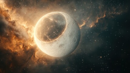 Obraz premium Crescent Celestial Body in a Cosmic Nebula: A Glowing Half-Moon Amidst Stars and Gas Clouds