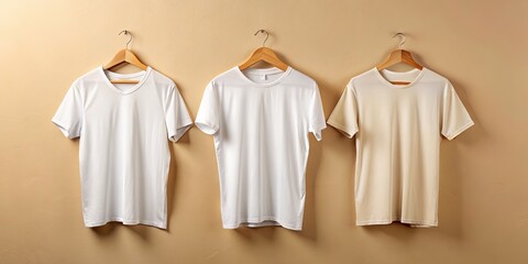 Beige Wall T-Shirt Mockup: Three Blank Tees on Wooden Hangers - Clothing Template