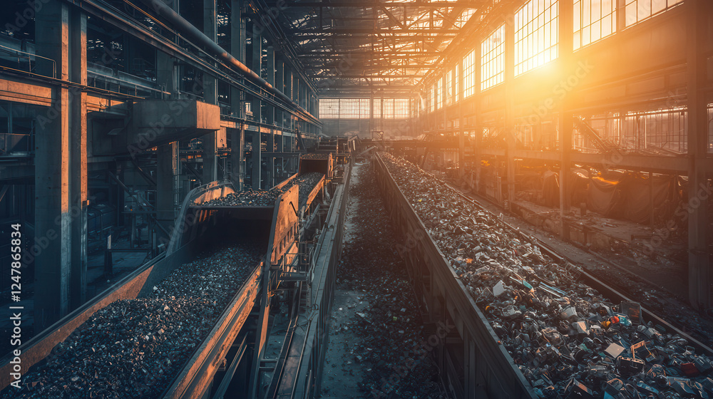 Aufkleber high tech recycling center with automated sorting and sunlight streaming in