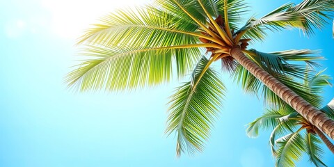 Tropical coconut palm tree on Phuket island against blue sky backdrop, summertime vacation travel concept, background, blue sky, tropical