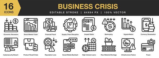 Business Crisis icon set. Editable Stroke Icon Collection. Includes crisis, business, risk, finance, problem, and More. Outline icons vector collection.
