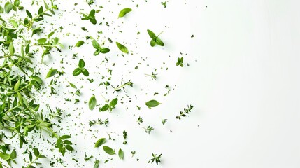 A radial burst of herbs from the corner radiating energy and freshness on a white background