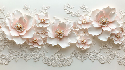 Victorian 3d panel with delicate border of elegant pink and white flowers and silver accents for wedding invitations, beauty blogs and sophisticated design themes.