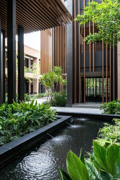 Modern Architecture with Water Feature and Lush Greenery in Urban Space