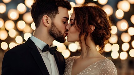 Romantic couple kissing under beautiful bokeh lights at night
