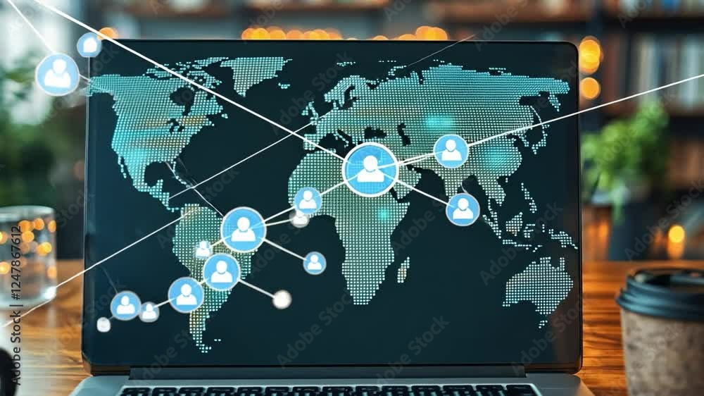 Poster global connection: a laptop displays a world map with connected icons symbolizing global communicati
