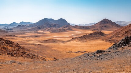 Fototapeta premium barren rocky landscape, rusty red desert terrain, undulating mountain ridges, dusty orange atmosphere, scattered rocks and boulders, harsh alien terrain, hazy distant hills, desolate planetary