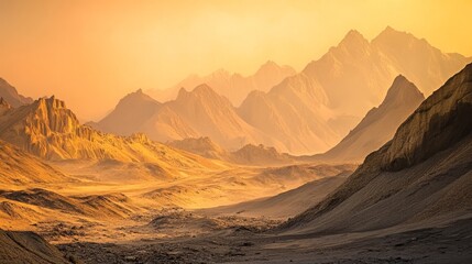 Naklejka premium exotic desert vista, rust-colored rocky terrain, misty orange sky, barren mountain ranges, scattered surface stones, alien landscape aesthetics, harsh environment, geological photography