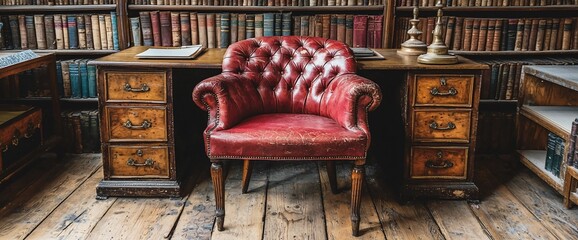 Obraz premium Red chair in antique library, bookshelves background, study