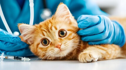 Naklejka premium Close up of veterinarian s hands wearing protective gloves and holding a syringe to provide a vaccination for a furry cat patient during a routine wellness check up at the animal clinic