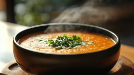 Steaming hot lentil soup in a dark bowl, garnished with fresh cilantro. Perfect for illustrating warmth, comfort food, or healthy eating.