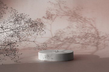 podium, stone, natural, eco-friendly material. Shadows, pastel beige. space is empty. Product...