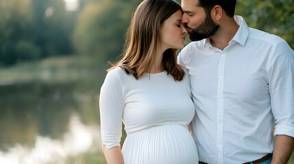 Fototapeta premium Tender Moment Between Expecting Parents in Natural Setting