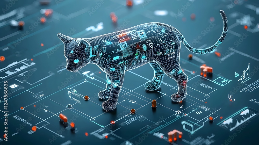Poster Conceptual of advanced AI driven pet healthcare technology featuring a futuristic digital interface for seamless veterinary diagnostics and analytics on a connected device or screen