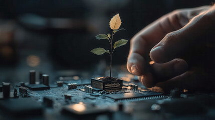 hand gently holds small plant growing from circuit board, symbolizing fusion of nature and technology