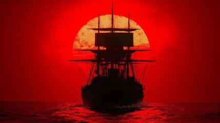 Crimson Sunset Silhouette: Ancient Galleon at Sea Dramatic Ocean Scene
