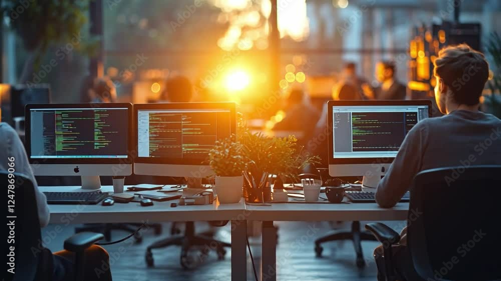 Poster tech professionals at work: in a modern office, a group of programmers are intensely focused on thei