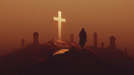 A lone figure walks through a foggy graveyard, illuminated by a glowing cross, evoking themes of reflection, loss, and spirituality.