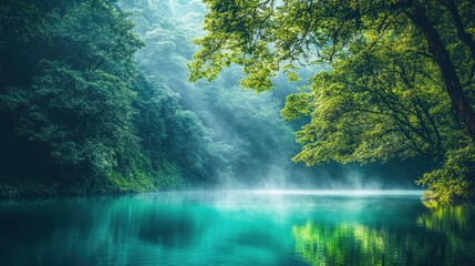 Fototapeta premium Mystical Lake: Serene Waters and Lush Green Forest in the Early Morning