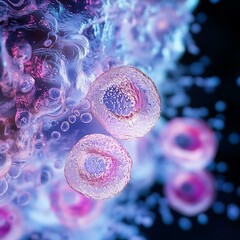 Colorful microscopic view of cells illuminated with vibrant light patterns.