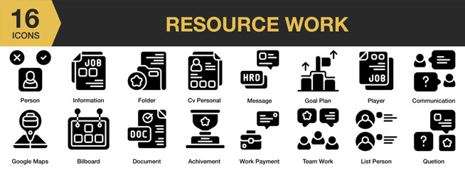 Resource Work solid icon set. Includes career, recruitment, strategy, resource, development, and More. Solid icons vector collection.