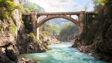 Majestic Bridge Over Turquoise River Surrounded by Lush Nature