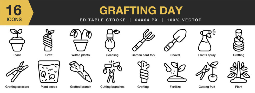 Grafting Day icon set. Editable Stroke Icon Collection. Includes graft, nature, plant, growth, gardening, and More. Outline icons vector collection.