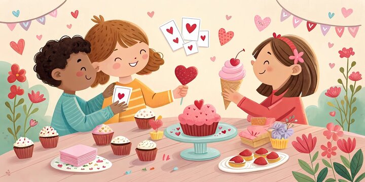 Tres niños felices intercambiando corazones y comiendo helado alrededor de una mesa con decoraci&oacute;n de San Valentín