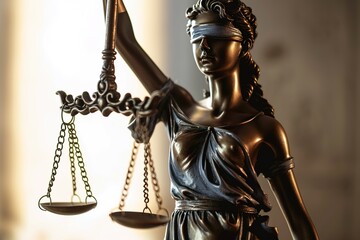 Statue of justice Goddess Themis on blurred background. Symbol of law. With copy space.