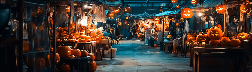 Naklejka premium A vibrant Halloween market filled with carved pumpkins and festive decorations, showcasing the joyful spirit of the holiday