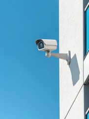 A security camera is mounted on a building, overlooking a clear blue sky, emphasizing surveillance and safety.