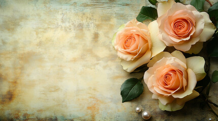 Obraz premium Peach roses on vintage textured background in Victorian style. Floral romantic card with space for text, elegant, invitation, wedding, design, art, pattern.