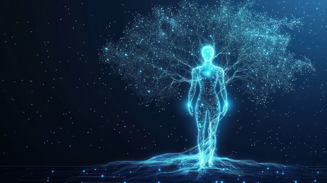 Glowing human tree, digital art, cosmic background, wellness concept