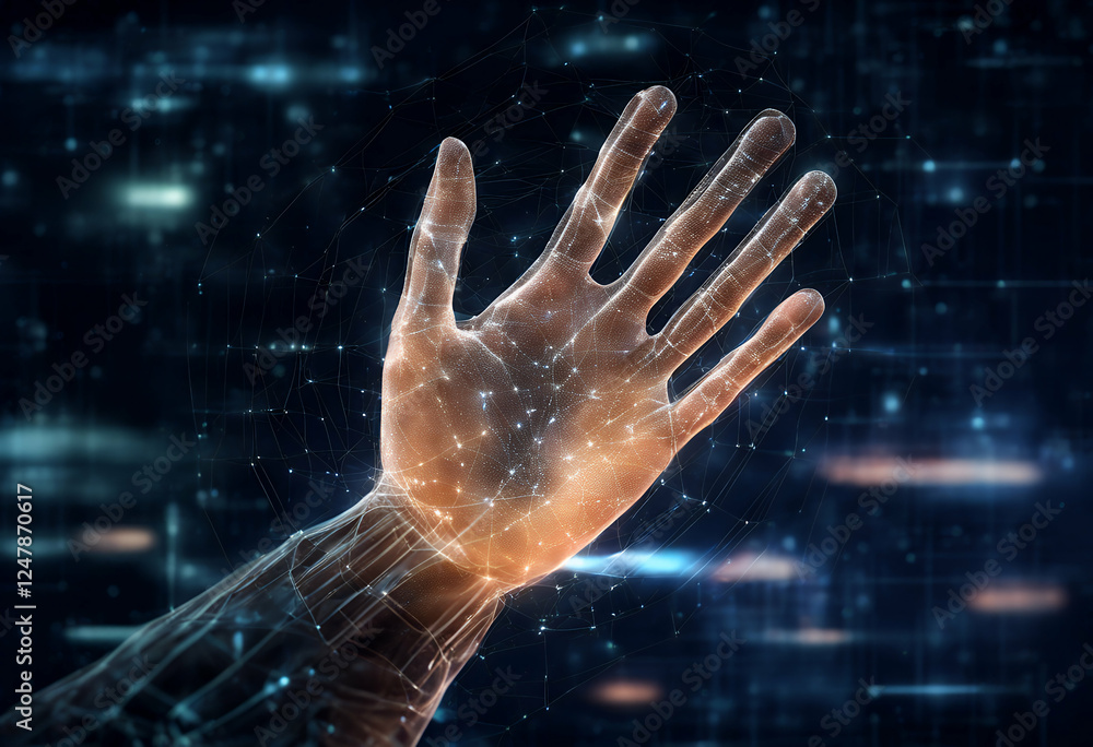 Poster created network dark hologram artificial intelligence space neural digital hand background copy comm
