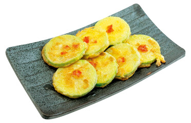Hobak-jeon, Korean Zucchini Pancakes on a Ceramic Plate