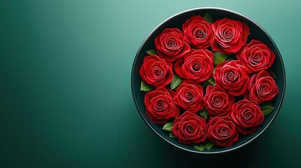 A vibrant bowl filled with fresh red roses, showcasing their lush petals and rich green leaves against a dark background.